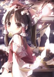 Rule 34 | 1girl, ascot, bow, bowl, brown hair, collar, detached sleeves, dress, eating, food in mouth, frilled bow, frills, gohei, hair bow, hair tubes, hakurei reimu, highres, japanese clothes, looking at viewer, medium hair, miko, nontraditional miko, outdoors, ponytail, red bow, red dress, red shirt, red skirt, shiba 0007, shirt, sidelocks, sitting, skirt, skirt set, sleeveless, sleeveless dress, solo, sun, touhou, tree, white collar