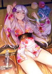 Rule 34 | 1girl, aldehyde, arm up, bangle, bottle, bracelet, braid, breasts, brown eyes, cameltoe, cleavage, collarbone, crotch seam, floral print, flower, glint, hair flower, hair ornament, hairclip, hand fan, hand up, highres, japanese clothes, jewelry, kanzashi, kimono, large breasts, long hair, looking at viewer, lying, neeko (aldehyde), obi, on back, original, panties, parted lips, pink kimono, purple flower, sash, short kimono, side braid, silver hair, single braid, solo, sweat, thighs, underwear, water bottle, white panties, wide sleeves, wooden floor