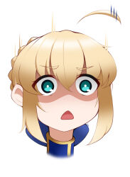 Rule 34 | 1girl, ahoge, artoria pendragon (all), artoria pendragon (fate), blonde hair, blue eyes, chestnut mouth, chibi, commentary, cropped torso, english commentary, fate/stay night, fate (series), green eyes, hair between eyes, hair bun, hair ribbon, looking at viewer, motion lines, open mouth, ribbon, saber (fate), shaded face, short hair, sidelocks, simple background, single hair bun, solo, white background, zealyush