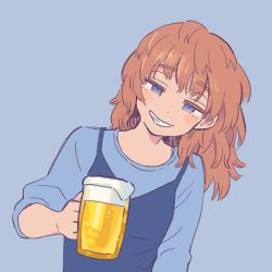 Rule 34 | 1girl, alcohol, beer, beer mug, blue eyes, blue shirt, commentary request, cup, drink, highres, holding, holding drink, long hair, long sleeves, looking at viewer, mug, muji (uimss), orange hair, original, parted lips, shirt, smile, solo, upper body