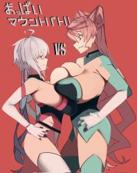 Rule 34 | 2girls, ahoge, alternate breast size, breast press, breasts, cleavage, commentary request, detached sleeves, hand on own hip, highres, huge breasts, long hair, looking at another, maria cadenzavna eve, multiple girls, pink hair, red background, senki zesshou symphogear, shin deadball iwata, simple background, smirk, thighhighs, translation request, very long hair, white hair, yukine chris