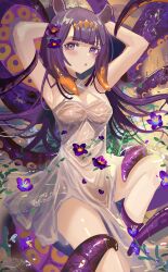 Rule 34 | 1girl, absurdres, alternate breast size, aniol art, arms up, breasts, dress, flower, hair flower, hair ornament, highres, hololive, hololive english, knee up, long hair, looking back, lying, mole, mole under eye, multicolored hair, ninomae ina&#039;nis, on back, open mouth, orange hair, purple eyes, purple flower, sleeveless, small breasts, solo, tentacle hair, tentacles, virtual youtuber, wet, wet clothes, wet dress, white dress