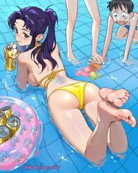 Rule 34 | 1boy, 2girls, absurdres, alcohol, ass, backboob, bare legs, barefoot, beer, beer can, bikini, black hair, blush, breasts, brown eyes, can, drink can, earrings, feet, full body, highres, holding, holding can, ikari shinji, inflatable toy, jewelry, katsuragi misato, large breasts, legs, long hair, looking at viewer, lying, multiple girls, neon genesis evangelion, on stomach, patreon username, purple hair, smile, snegovski, soles, souryuu asuka langley, swimsuit, the pose, toes, tongue, tongue out, water, yellow bikini