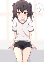 Rule 34 | 1girl, anger vein, black hair, black shorts, blush, collarbone, commentary request, feet out of frame, gym shirt, gym shorts, gym uniform, hair between eyes, highres, looking at viewer, original, parted lips, red eyes, shirt, short hair, short shorts, short sleeves, shorts, sitting, solo, spoken anger vein, takasuma hiro, twintails, white shirt