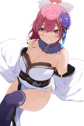 Rule 34 | 1girl, absurdres, anchor choker, anchor symbol, bad id, bad pixiv id, bare shoulders, blue thighhighs, blush, bow, breasts, cleavage, crossed legs, detached collar, dress, dutch angle, flower, from above, grin, hair between eyes, hair bow, hair flower, hair ornament, heterochromia, highres, hololive, houshou marine, icehotmilktea, jacket, large breasts, long hair, looking at viewer, no panties, pink hair, ponytail, red eyes, removing jacket, sash, sidelocks, simple background, sitting, smile, solo, thighhighs, virtual youtuber, white background, white bow, white dress, white jacket, yellow eyes