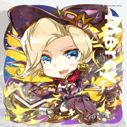 Rule 34 | 1girl, blonde hair, blue eyes, book, breasts, broom, broom riding, chibi, cleavage, earrings, elbow gloves, gloves, halloween, halloween costume, hat, heco (mama), jewelry, looking at viewer, mechanical wings, mercy (overwatch), official alternate costume, overwatch, overwatch 1, solo, thighhighs, wings, witch, witch hat, witch mercy