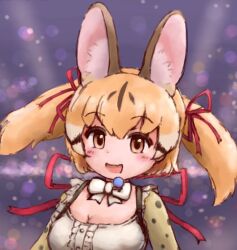 Rule 34 | 1girl, animal ears, bow, bowtie, brown eyes, brown hair, cat ears, cat girl, extra ears, highres, kemono friends, kemono friends v project, large-spotted genet (kemono friends), looking at viewer, microphone, ribbon, shirt, simple background, smile, solo, suspenders, twintails, virtual youtuber, zzz ansh
