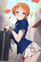 Rule 34 | 1girl, absurdres, artist name, bag, blue shirt, blush, brown eyes, grin, highres, holding, holding bag, leaning forward, log pose, looking at viewer, miniskirt, nami (one piece), one piece, orange hair, outdoors, shirt, short hair, short sleeves, skirt, smile, solo, sooon, suitcase, white skirt