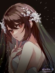 Rule 34 | 1girl, :o, absurdres, alternate hairstyle, bare shoulders, black background, breasts, bridal veil, brown hair, dress, fruct0se fa, genshin impact, hair down, highres, hu tao (genshin impact), long hair, looking at viewer, open mouth, red eyes, simple background, small breasts, solo, symbol-shaped pupils, twitter username, upper body, veil, wedding dress