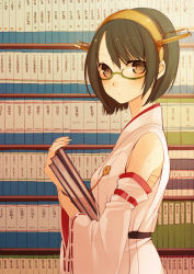 Rule 34 | 10s, 1girl, bad id, bad pixiv id, book, bookshelf, carrying, detached sleeves, glasses, headgear, hoshimachi, indoors, kantai collection, kirishima (kancolle), looking at viewer, looking to the side, machino (nidavellir), nontraditional miko, ribbon-trimmed sleeves, ribbon trim, sarashi, semi-rimless eyewear, short hair, solo, standing, under-rim eyewear, upper body