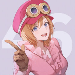 Rule 34 | 1girl, brown gloves, brown hair, commentary, commentary request, english commentary, frilled shirt, frills, gloves, goggles, goggles on headwear, hat, index finger raised, koala (one piece), looking at viewer, mixed-language commentary, one piece, open mouth, pink shirt, red hat, shirt, short hair, smile, solo, teeth, yoshicha