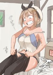 Rule 34 | 1girl, anger vein, angry, atelier (series), atelier ryza, atelier ryza 1, black panties, black pants, breasts, bulging eyes, cleavage, clenched teeth, fang, fitting room, grimace, halterneck, highres, jonkumason, large breasts, panties, pants, reisalin stout, solo, teeth, thick thighs, thighs, undersized clothes, underwear, white headwear, wide-eyed, window