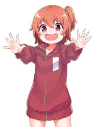 Rule 34 | 1girl, :d, brown jacket, collarbone, commentary request, cowboy shot, hoshino hinata, jacket, konnyaku (kk-monmon), long sleeves, looking at viewer, one side up, open mouth, orange hair, outstretched arms, purple eyes, short hair, sidelocks, simple background, smile, solo, standing, tareme, thighs, track jacket, v-shaped eyebrows, watashi ni tenshi ga maiorita!, white background, zipper pull tab