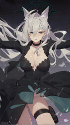 Rule 34 | 1girl, ahoge, animal ears, black choker, black dress, black jacket, blue archive, blush, breasts, chilakkk, choker, cleavage, commentary, cropped jacket, dress, grey hair, hair between eyes, halo, highres, jacket, looking at viewer, medium breasts, outstretched arms, shiroko (blue archive), shiroko terror (blue archive), solo, symbol-only commentary, thigh strap, wolf ears