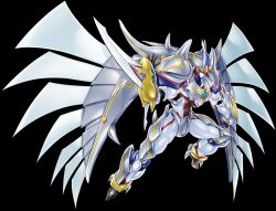 Rule 34 | 1boy, armor, artist request, elemental hero shining neos wingman, flying, full body, highres, konami, mechanical wings, muscular, official art, simple background, transparent background, weapon, wings, yu-gi-oh!
