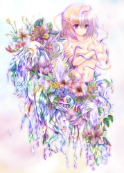 Rule 34 | 1girl, alien, animification, aoi kanan, brown hair, colorful, colour out of space, covering privates, covering breasts, crystal, cthulhu mythos, extra eyes, flower, gradient hair, highres, leaf, monster, multicolored hair, personification, plant, purple eyes, purple hair, solo, tentacles, the colour out of space, topless, vines
