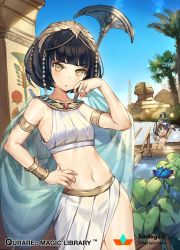 Rule 34 | 1boy, 1girl, arm up, armlet, armpits, bare shoulders, black hair, bracelet, breasts, cowboy shot, crop top, day, egyptian, egyptian clothes, hand on own hip, headpiece, jewelry, long skirt, looking at viewer, midriff, navel, nefertiti (qurare), official art, outdoors, parted lips, qurare magic library, revealing clothes, ribbed shirt, ring, shawl, shirt, short hair, side slit, skirt, sky, sleeveless, sleeveless shirt, small breasts, solo focus, staff, standing, stomach, sweat, thighs, v-shaped eyebrows, watermark, white shirt, white skirt, whoisshe, yellow eyes