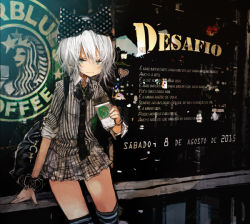 Rule 34 | 1girl, :i, armband, backpack, bad id, bad pixiv id, bag, bow, brand name imitation, coffee cup, cross, cross necklace, cup, disposable cup, frown, green eyes, hair bow, hiro j, jewelry, kneehighs, miniskirt, necklace, necktie, original, pinstripe pattern, polka dot, polka dot bow, short hair, skirt, sleeves rolled up, socks, solo, standing, starbucks, striped, white hair