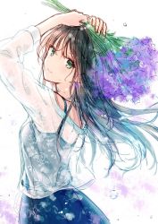 Rule 34 | 1girl, arms up, black camisole, black hair, black skirt, blush, breasts, camisole, cowboy shot, floating hair, flower, from behind, from side, green eyes, hair between eyes, head tilt, hiten (hitenkei), holding, holding flower, lavender (flower), light smile, long hair, long sleeves, looking at viewer, looking back, original, parted lips, pollen, see-through, see-through shirt, shirt, simple background, skirt, sleeveless, small breasts, solo, spaghetti strap, water drop, white background