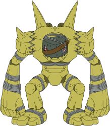 Rule 34 | absurdres, belt, digimon, digimon (creature), golem, golemon, highres, looking at viewer, red eyes, sharp teeth, solo, teeth, transparent background