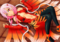 Rule 34 | 10s, 1girl, bare shoulders, black thighhighs, breasts, center opening, cleavage, detached sleeves, elbow gloves, fingerless gloves, fujii isana, gloves, guilty crown, hair ornament, hairclip, long hair, looking at viewer, lying, navel, pink hair, red eyes, solo, thighhighs, twintails, yuzuriha inori