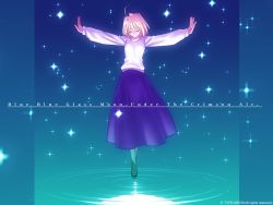 Rule 34 | 00s, 1girl, ahoge, arcueid brunestud, arms at sides, black pantyhose, blonde hair, closed eyes, copyright notice, female focus, full moon, glitter, glowing, long skirt, long sleeves, moon, outstretched arms, pantyhose, reflection, shoes, short hair, skirt, smile, solo, spread arms, sweater, takeuchi takashi, tsukihime, turtleneck, type-moon, water