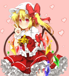 Rule 34 | 1girl, arm ribbon, arms behind back, ascot, asymmetrical hair, bad id, bad pixiv id, blonde hair, blouse, crystal, flandre scarlet, frilled skirt, frills, heart, heart background, highres, norori, peace symbol, pink background, pointy ears, pouty lips, red eyes, red shirt, red skirt, ribbon, shirt, short hair, side ponytail, skirt, solo, touhou, v, white shirt, wings, wrist cuffs