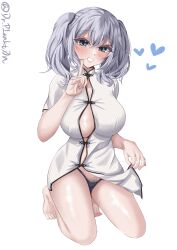 Rule 34 | 1girl, absurdres, black panties, blue eyes, blush, breasts, china dress, chinese clothes, dr.plankton, dress, female pubic hair, grey hair, heart, highres, impossible clothes, kantai collection, kashima (kancolle), kneeling, large breasts, long hair, looking at viewer, panties, pelvic curtain, pubic hair, pubic hair peek, smile, solo, twintails, underwear, wavy hair, white dress