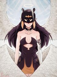 Rule 34 | alternate breast size, breasts, cleavage, clothing cutout, collar, commentary, cowboy shot, detached sleeves, dress, feathered wings, glowing, glowing eyes, halo, highres, hololive, hololive english, hoodedmask, light, low wings, medium breasts, multicolored hair, multiple wings, ninomae ina&#039;nis, orange hair, pointy ears, purple hair, shaded face, short dress, signature, single detached sleeve, smile, strapless, strapless dress, tentacle hair, tube dress, two-tone hair, underboob cutout, wings