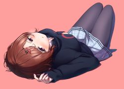 Rule 34 | 1girl, black sweater, blush, breasts, brown hair, from behind, full body, grey skirt, hair ornament, hairclip, hand on own stomach, highres, higuchi madoka, idolmaster, idolmaster shiny colors, kaede (harutan109), knees up, long sleeves, looking at viewer, looking back, medium breasts, miniskirt, nail polish, pantyhose, parted lips, pink background, pleated skirt, purple eyes, purple nails, purple pantyhose, short hair, simple background, skirt, solo, sweat, sweater, upside-down