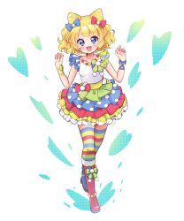 Rule 34 | 1girl, :d, asymmetrical footwear, blonde hair, blue bow, blue eyes, blue footwear, blunt bangs, blush, boots, bow, breasts, chii (chi pppuri), commentary request, cone hair bun, double bun, dress, frilled dress, frills, full body, hair bow, hair bun, hands up, highres, idol clothes, knee boots, looking at viewer, minami mirei, mismatched footwear, multicolored clothes, multicolored dress, open mouth, pretty series, pripara, red bow, red footwear, short hair, small breasts, smile, solo, standing, striped clothes, striped thighhighs, thighhighs