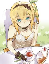 Rule 34 | 1girl, black choker, blonde hair, cake, choker, closed mouth, dress, edna (tales), food, gloves, green ribbon, hair ribbon, hairband, highres, looking at viewer, ribbon, short hair, side ponytail, single glove, sitting, smile, solo, strap slip, tales of (series), tales of zestiria, talesofmea, white dress