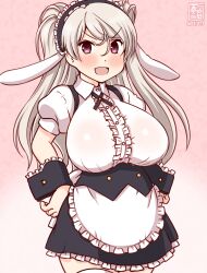 Rule 34 | 1girl, animal ears, apron, artist logo, black hairband, blush, breasts, brown eyes, center frills, conte di cavour (kancolle), cosplay, cross tie, dated, droopy ears, fake animal ears, fleur de lapin uniform, floppy ears, frilled apron, frilled cuffs, frilled hairband, frilled shirt, frills, gochuumon wa usagi desu ka?, gradient background, grey hair, hairband, kanon (kurogane knights), kantai collection, kirima syaro, kirima syaro (cosplay), large breasts, lolita hairband, long hair, one-hour drawing challenge, open mouth, pink background, puffy short sleeves, puffy sleeves, rabbit ears, shirt, short sleeves, smile, solo, thighhighs, two side up, underbust, waist apron, waitress, white apron, wrist cuffs