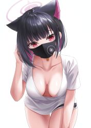Rule 34 | 1girl, absurdres, animal ears, black choker, black hair, black mask, black shorts, blue archive, blunt bangs, blush, breasts, cat ears, cat girl, choker, cleavage, collarbone, colored inner hair, downblouse, halo, hand up, hanging breasts, highres, kazusa (blue archive), leaning forward, looking at viewer, mask, medium breasts, mouth mask, multicolored hair, no bra, pendant choker, pink eyes, pink hair, shira jun, shirt, short hair, short shorts, shorts, simple background, solo, thighs, two-tone hair, white background, white shirt