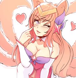 Rule 34 | 1girl, ahri (league of legends), alternate costume, alternate eye color, alternate hair color, alternate hairstyle, animal ears, bare shoulders, blush, breasts, brown hair, cleavage, fox ears, fox girl, fox tail, hair ornament, highres, league of legends, long hair, looking at viewer, magical girl, medium breasts, one eye closed, parted lips, purple eyes, smile, solo, star guardian (league of legends), star guardian ahri, tail, wink