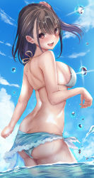 Rule 34 | 1girl, :d, absurdres, ass, back, bikini, black hair, blue bikini, blue sky, breasts, cloud, commentary request, day, funky45, hair ornament, hair scrunchie, highres, looking at viewer, medium breasts, mismatched bikini, ocean, open mouth, original, outdoors, red eyes, sarong, scrunchie, shoulder blades, sideboob, sidelocks, sky, smile, solo, standing, swimsuit, teeth, thighs, upper teeth only, wading, water drop, white bikini