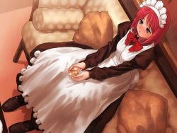 Rule 34 | 00s, alcohol, blush, drink, drunk, dutch angle, from above, glass, hisui (tsukihime), maid, ribbon, sitting, solo, tsukihime