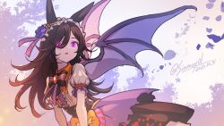 Rule 34 | 1girl, animal ears, bat wings, black bow, black bowtie, black skirt, bow, bowtie, brown hair, center frills, dated, frills, highres, horse ears, horse girl, long hair, official alternate costume, open mouth, puffy short sleeves, puffy sleeves, purple eyes, purple wings, rice shower (make up vampire!) (umamusume), rice shower (umamusume), shinmai (kyata), shirt, short sleeves, skirt, solo, twitter username, umamusume, upper body, white shirt, wings