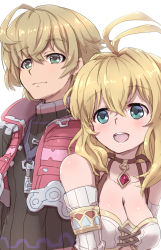 Rule 34 | 1boy, 1girl, bad id, bad pixiv id, bare shoulders, blonde hair, blue eyes, blush, breasts, brown hair, cleavage, fiora (xenoblade), green eyes, highres, long hair, medium breasts, nintendo, open mouth, short hair, shulk (xenoblade), simple background, smile, spoilers, tavn, upper body, xenoblade chronicles 1, xenoblade chronicles (series), xenoblade chronicles 2