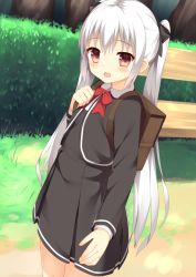 Rule 34 | 1girl, :d, backpack, bad id, bad pixiv id, bag, bench, black bow, black dress, black shirt, blush, bow, bowtie, collared shirt, commentary request, cowboy shot, day, dress, dutch angle, grass, hair between eyes, hair bow, hedge, highres, long hair, long sleeves, looking at viewer, open mouth, original, outdoors, outstretched arm, park bench, pleated dress, red bow, red bowtie, red eyes, school bag, school uniform, shirt, sidelocks, smile, solo, standing, sunlight, tareme, tree, twintails, usagino suzu, very long hair, white hair, white shirt