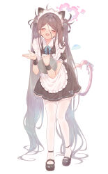 Rule 34 | 1girl, absurdly long hair, absurdres, animal ears, apron, aris (blue archive), aris (maid) (blue archive), black dress, black footwear, black hair, blue archive, blush, cat ears, cat tail, closed eyes, dress, facing viewer, frilled apron, frills, full body, halo, highres, holding, holding tray, long hair, maid, maid apron, maid headdress, official alternate costume, open mouth, pantyhose, pink halo, shoes, short sleeves, simple background, smile, solo, tail, torano, tray, very long hair, white apron, white background, white pantyhose