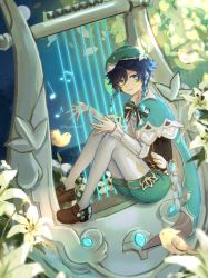 Rule 34 | 1boy, androgynous, argyle, argyle clothes, argyle legwear, beret, bird, black footwear, black hair, blue eyes, blue hair, bow, braid, brooch, cape, collared cape, corset, feathers, flower, frilled sleeves, frills, gem, genshin impact, gradient hair, green eyes, green hat, green shorts, hat, hat flower, highres, instrument, jewelry, leaf, long sleeves, looking at viewer, lyre, male focus, multicolored hair, musical note, open mouth, pantyhose, ribbon, shoes, short hair with long locks, shorts, sitting, smile, solo, symzae, twin braids, venti (genshin impact), vision (genshin impact), white flower, white pantyhose