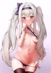 Rule 34 | 1girl, absurdres, bare arms, bare shoulders, black bow, black hairband, black panties, black thighhighs, blush, bow, breasts, closed mouth, collarbone, commission, cowboy shot, gradient background, grey hair, groin, hair bow, hair intakes, hairband, highres, lifting own clothes, long hair, looking at viewer, navel, original, panties, panty pull, pointy ears, pulling own clothes, purple background, pussy, pussy peek, simple background, small breasts, solo, sweat, thigh gap, thighhighs, twintails, underwear, very long hair, white background, wweed