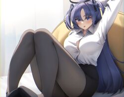 Rule 34 | 1girl, alternate costume, bed, black pantyhose, blue archive, blue eyes, breasts, collared shirt, gileu, highres, looking at viewer, office lady, pantyhose, partially unbuttoned, pencil skirt, purple hair, shirt, shirt tucked in, skirt, solo, stretching, tongue, tongue out, triangle hair ornament, unbuttoned, unbuttoned shirt, white shirt, yuuka (blue archive)
