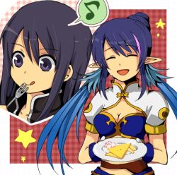 Rule 34 | 00s, 1boy, 1girl, :q, azbean, bad id, bad pixiv id, black hair, blue hair, closed eyes, food, fork, judith (tales), long hair, lowres, musical note, pointy ears, red background, smile, tales of (series), tales of vesperia, tongue, tongue out, yuri lowell