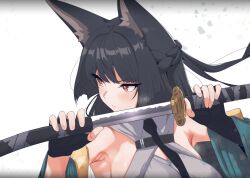 1girl animal_ears armpits black_gloves black_hair braid fingerless_gloves fox_ears fox_girl gloves highres holding holding_sword holding_weapon hoshimi_miyabi katana long_hair neinlol sword upper_body weapon zenless_zone_zero