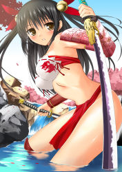 Rule 34 | 1girl, bandeau, bell, black hair, blush, bow, breasts, cherry blossoms, dual wielding, fundoshi, hair ornament, highres, holding, japanese clothes, long hair, medium breasts, midriff, miracle hoshi, original, partially submerged, petals, rock, shiny skin, solo, standing, sword, twintails, wading, water, waterfall, weapon, yellow eyes