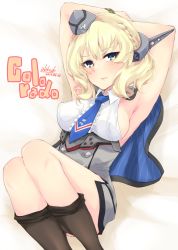 Rule 34 | 1girl, alakoala, armpits, arms behind head, arms up, artist name, bare shoulders, bdsm, blonde hair, blouse, blue eyes, blue necktie, blush, bondage, bound, braid, breasts, brown pantyhose, capelet, character name, closed mouth, clothes pull, colorado (kancolle), commentary request, dated, dress, garrison cap, grey dress, hair between eyes, hat, headgear, highres, kantai collection, large breasts, looking at viewer, lying, necktie, on back, pantyhose, pantyhose pull, rope, shirt, short hair, side braid, side braids, sideboob, single braid, sleeveless, solo, undressing, white shirt