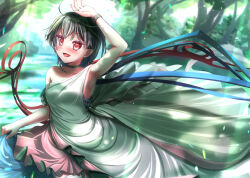 Rule 34 | 1girl, ahoge, alternate costume, arm up, armpits, asymmetrical wings, black hair, blue wings, blush, breasts, commentary request, cowboy shot, day, dress, forest, highres, houjuu nue, looking at viewer, medium bangs, medium breasts, nature, open mouth, outdoors, pointy ears, red eyes, red wings, short hair, single strap, smile, solo, toga, touhou, white dress, wings, wristband, yakkyokuya