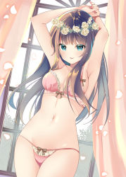 Rule 34 | 1girl, absurdres, armpits, arms behind head, arms up, bare arms, bare shoulders, black hair, blue eyes, bra, breasts, closed mouth, cowboy shot, groin, has bad revision, has downscaled revision, head wreath, highres, indoors, long hair, looking at viewer, md5 mismatch, medium breasts, mila natsume, navel, original, panties, pink bra, pink panties, resolution mismatch, smile, solo, source smaller, stomach, string bra, string panties, thighs, tongue, tongue out, underwear, underwear only